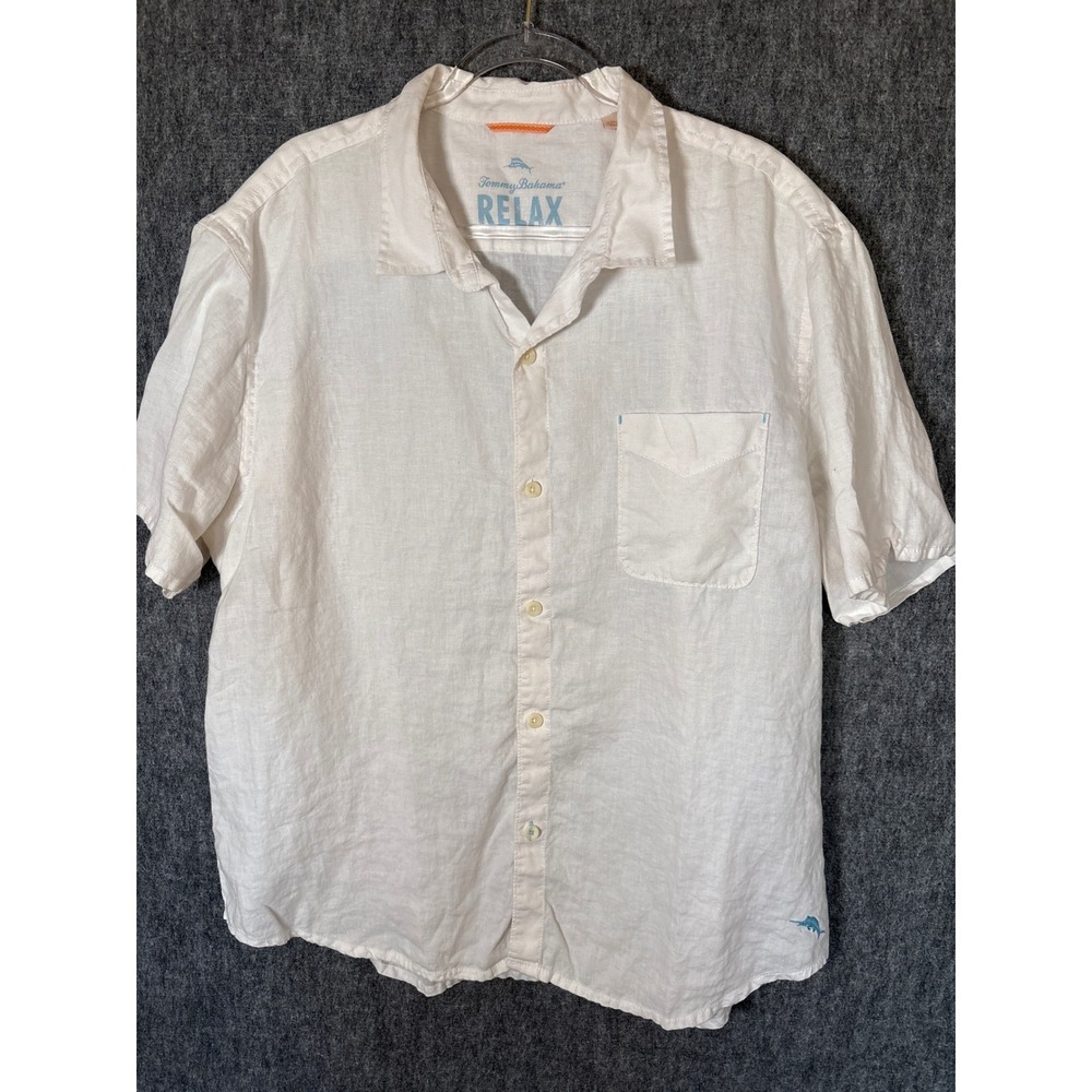 Tommy Bahama Relax Mens XXL‎ White 100% Linen Short Sleeve Button Down Shirt